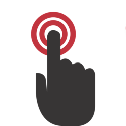 A black hand with a red and white button