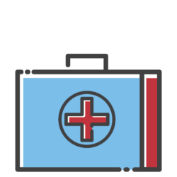 A blue and red first aid kit with a cross on it.